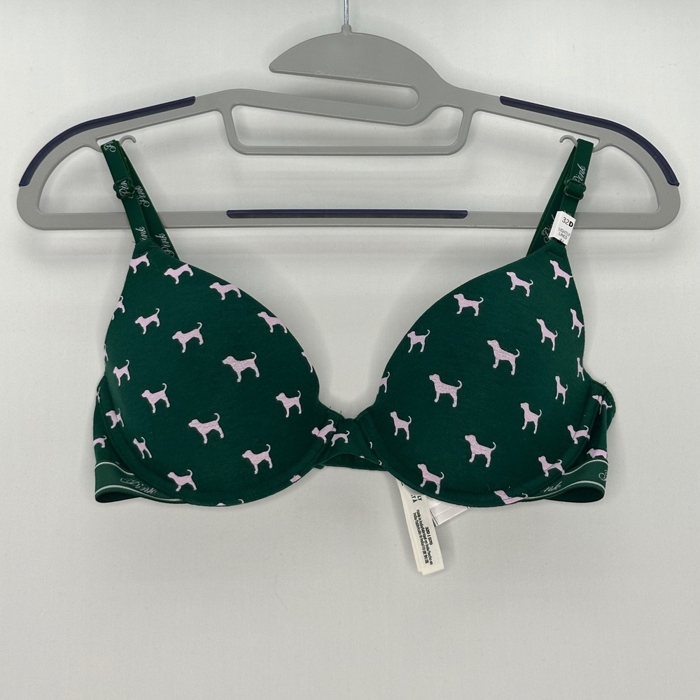 PINK Victoria's Secret Green Dog Print Lightly Lined Bra 32D‎ Underwire NWT cute